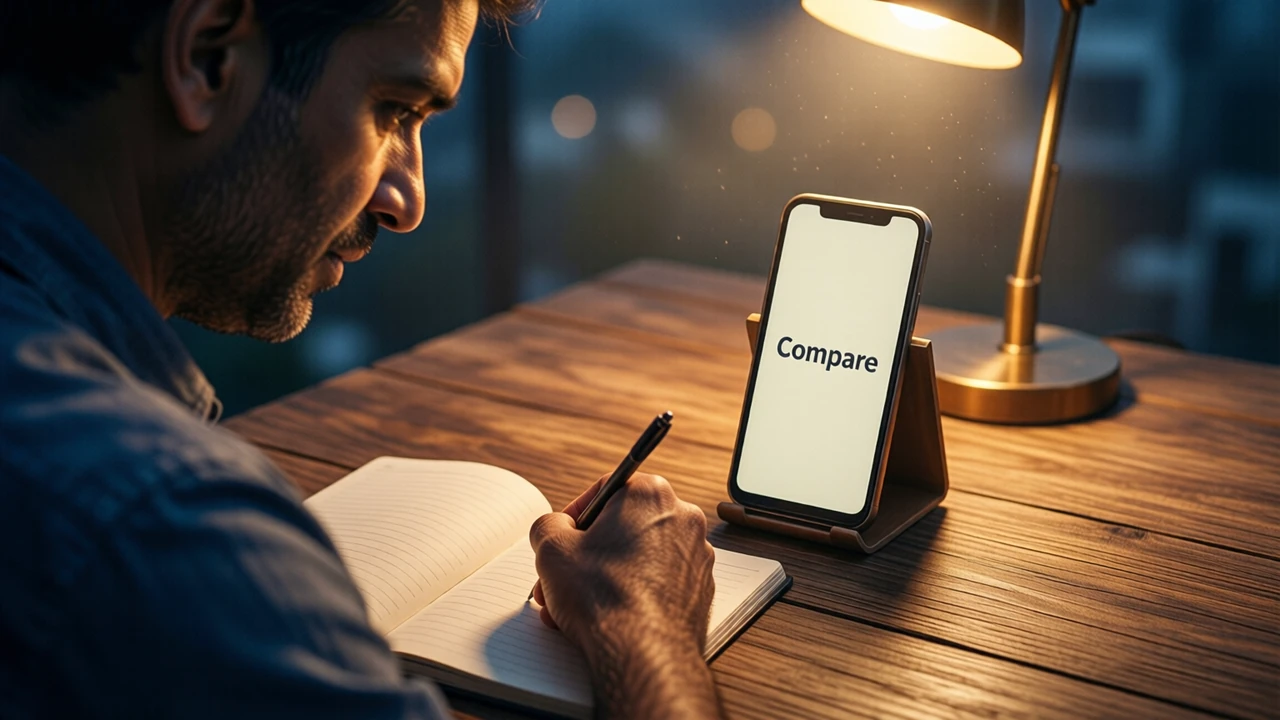 An Indian man in his forties seen in three-quarter view at a wooden desk in warm evening lamp light, writing in a ruled paper notebook with his own right hand while an Android phone stands upright beside it in a small stand; the phone screen is plain cream with the single large word "Compare" in dark type