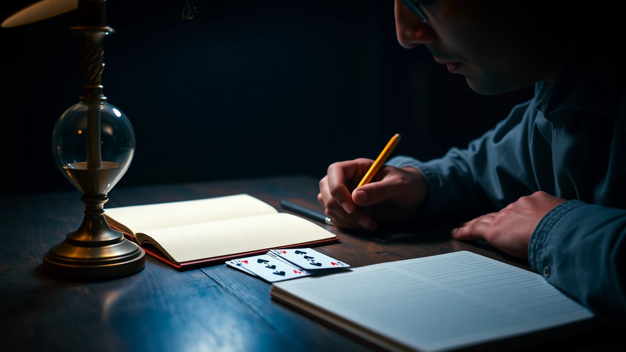 An Indian man seen from the side at eye level at a wooden desk in warm lamp light, laying out a short row of face-up playing cards beside an open ruled notebook, a pencil in his right hand