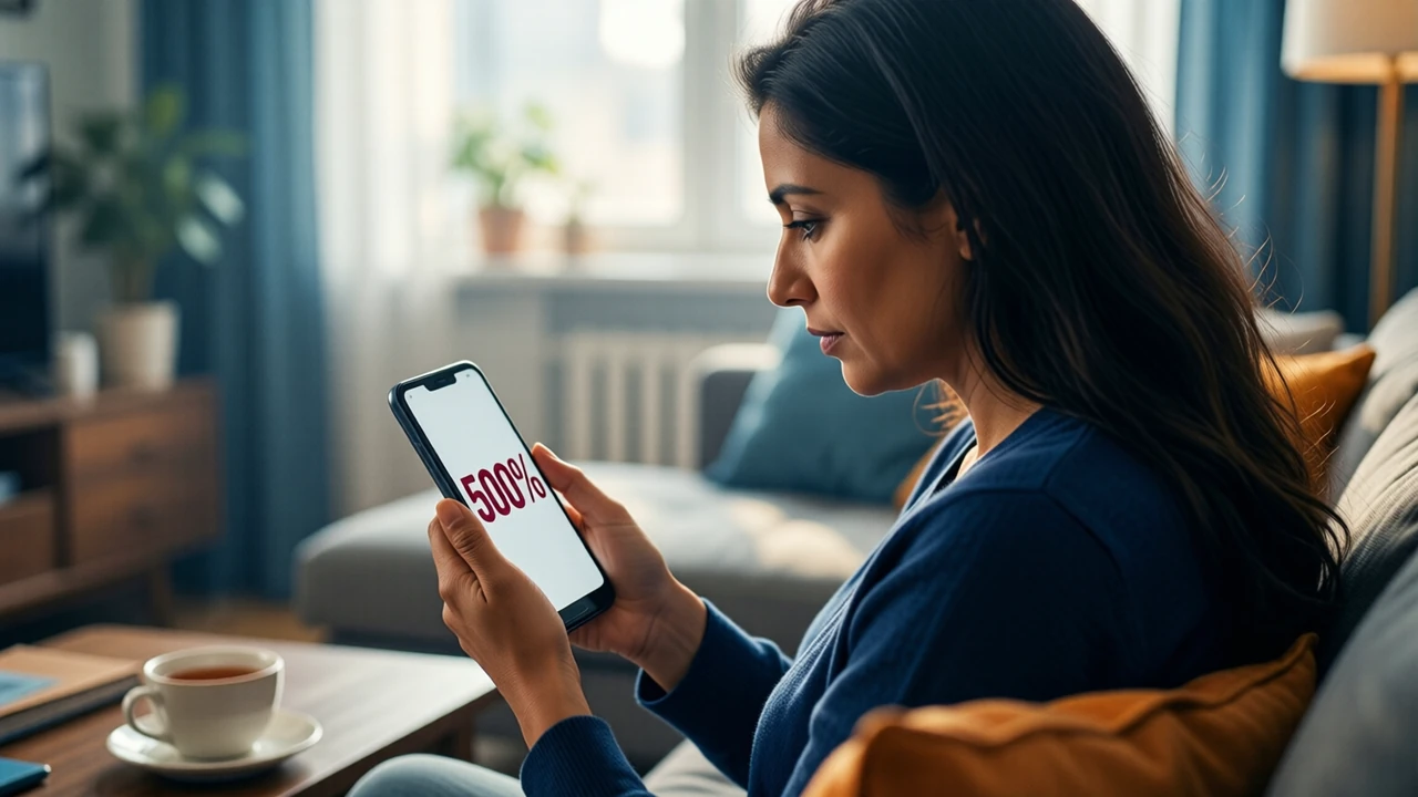 An Indian woman in her thirties seated on a sofa in a bright living room, seen from the side, looking down at the Android phone she holds at chest height, its screen angled toward us, plain white with the large number "500%" in deep red, a cup of tea on the low table in front of her