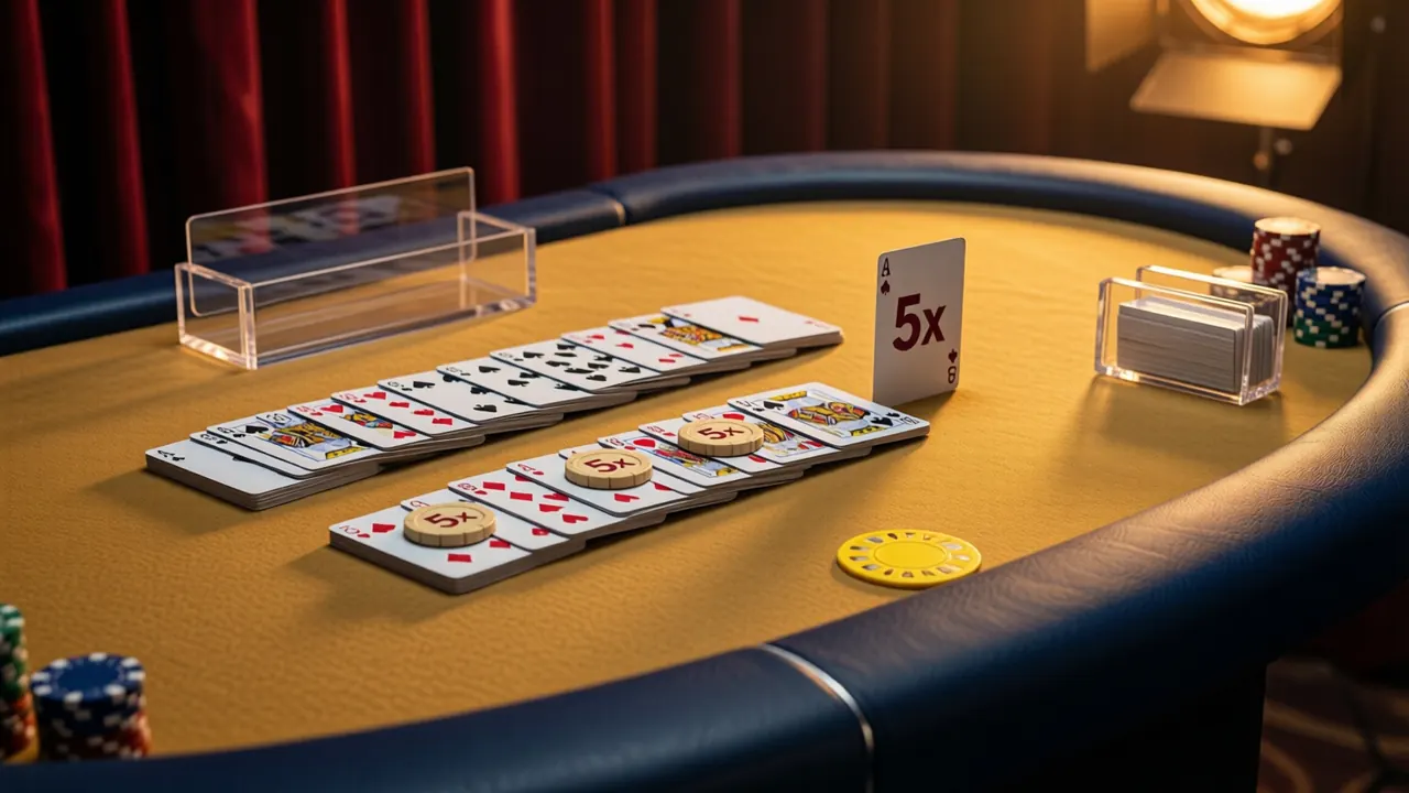 On warm tan baize, a short row of face-up playing cards with three small round cream tokens resting on three of the cards, the nearest token printed flat with the large mark "5x" in deep red, a clear acrylic card shoe behind them, amber studio light and deep red curtains out of focus