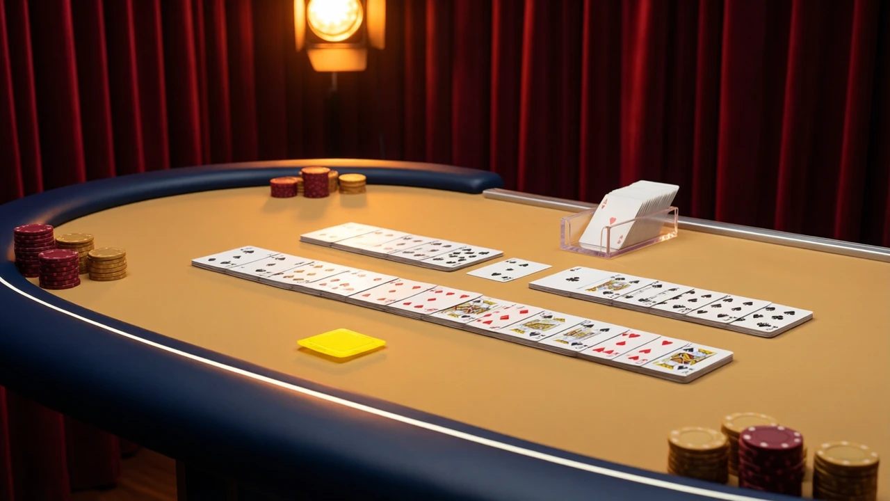 A live casino card table seen from the player's side just above warm tan baize, two long rows of face-up playing cards overlapping one above the other, a single face-up card set apart between them, a clear acrylic card shoe at the far edge, short stacks of deep red and gold chips at the dealer's end, deep red curtains and amber studio light out of focus behind