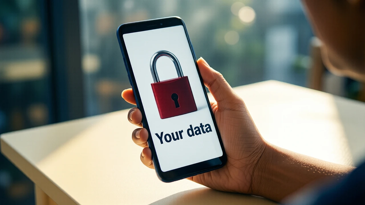 Close view of an Indian woman's own hand holding an Android phone upright above a cream table in daylight, seen from the side; the screen is plain white edge to edge with a large flat closed padlock in deep red, its shackle locked shut, and the two words "Your data" in large dark type under it