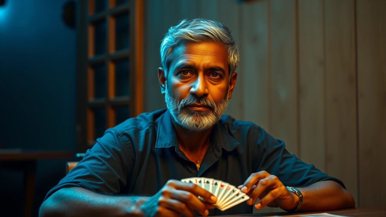 Portrait of an Indian man in his forties with short greying hair and a trimmed beard, wearing a plain navy cotton shirt, seated at a wooden table in warm evening lamp light, a short fan of face-up playing cards resting on the table in front of him, a calm level look toward the camera