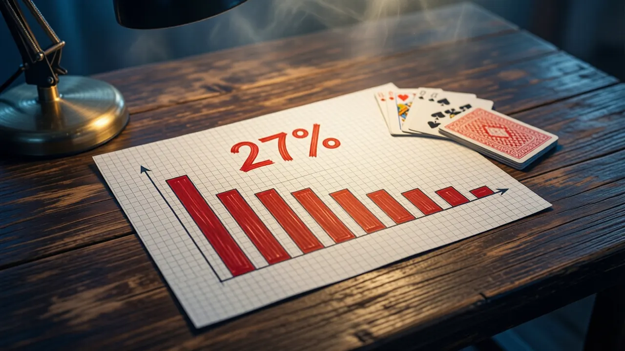 A sheet of white squared paper lying flat on a dark wooden table under a desk lamp, seen from above at an angle, with a simple bar chart drawn on it in red ink: ten flat filled red bars standing side by side, the leftmost bar the tallest and each bar to its right a little shorter, and the large number "27%" written in red ink on the paper just above the leftmost bar
