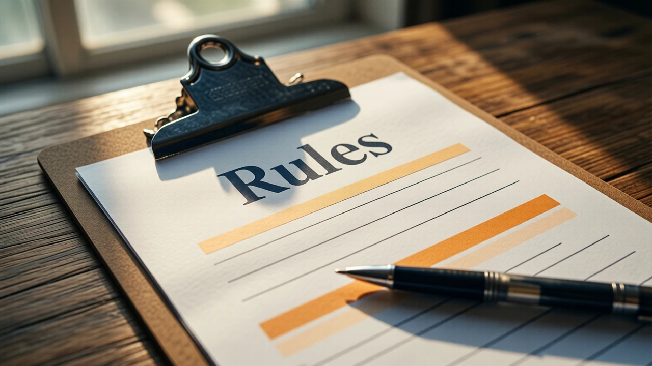 A printed sheet on a brown clipboard lying on a wooden counter in warm daylight, headed with the single large word "Rules" in dark type and three short ruled lines below it, a pen lying across the bottom edge of the sheet